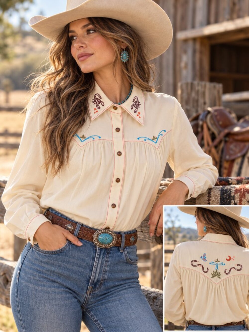 Cream Desperado Pearl Snap Embroidered Blouse